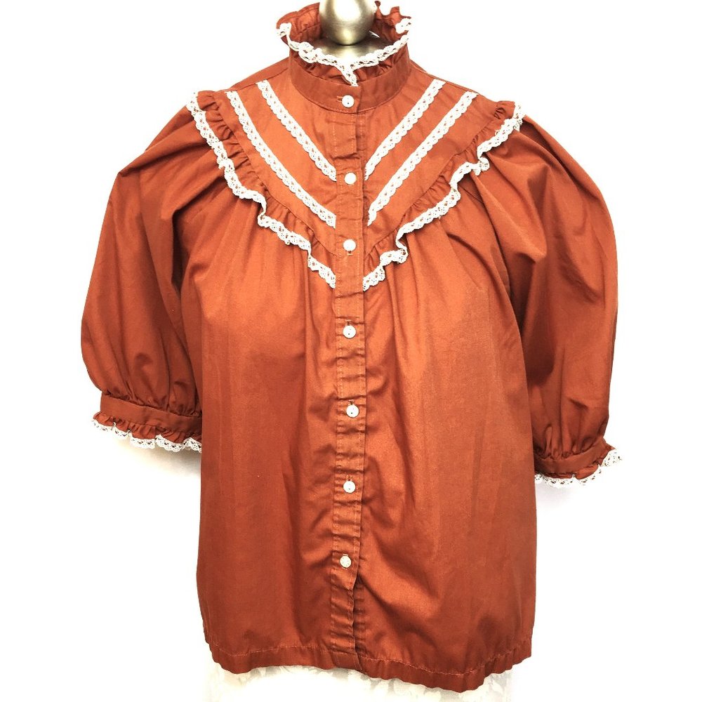 * Vintage Cottage Core Prairie Brown Blouse Size 14 Shapely EUC
